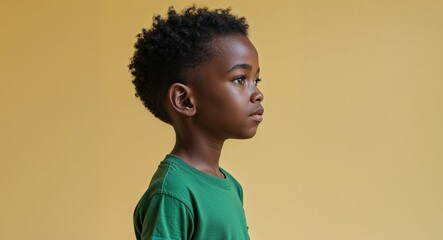 Wall Mural - Kid Black African boy in plain yellow background white sneakers side view portrait