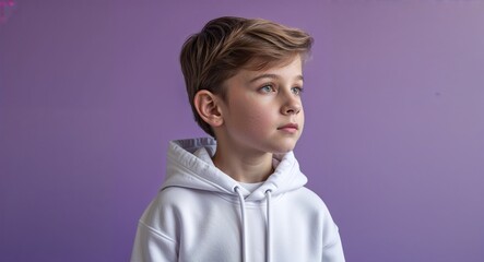 Canvas Print - Kid Caucasian boy in plain purple background white hoodie side view portrait