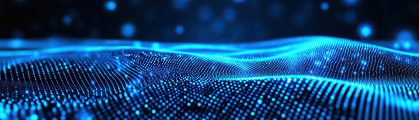 Poster - Abstract dark blue digital background with sparkling blue light particles and areas with deep depths Particles form into lines, surfaces and grids