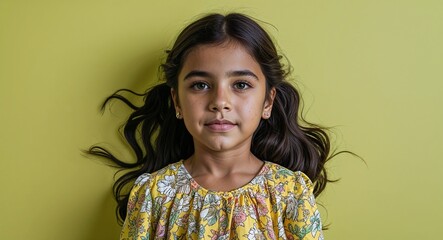 Wall Mural - Kid Hispanic girl in plain yellow background white blouse side view portrait