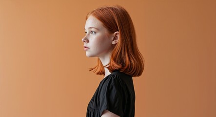 Wall Mural - Redhead girl in plain orange background wearing a black skirt young teen side view portrait