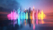© Natalia - City skyline with reflected neon ripples on water merging into shifting wave shapes,
