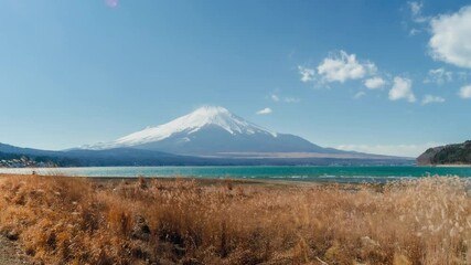 Wall Mural - 4k timelapse fuji mountain at yamanakako lake with tiny clouds and sky blue in japan.