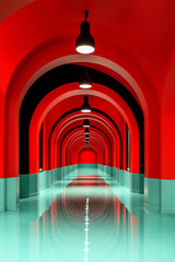 Fototapete - Architectural-like arch formed by multi-layered perforated sheets, alternating glossy metallic red