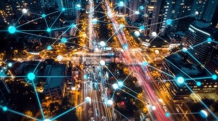 Poster - Night city network connection aerial view