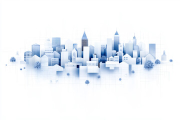 Poster - Isometric viewpoint of a cubic metropolis in soft slate-blue tones, each structure outlined by