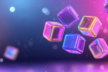 Aufkleber - Floating cluster of semi-transparent cubes with neon edges surrounded by softly shimmering bokeh