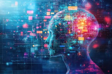 Fototapete - Mans head surrounded by a digital interface and abstract technology elements in background