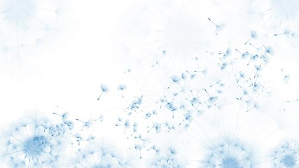 blue beautiful realistic dandelion seeds blowing in the wind. the wind inflates a dandelion on white