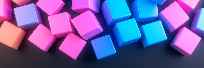 Poster - Tight grouping of glossy cubes in vivid pink and neon blue, hovering over a pitch-black void,