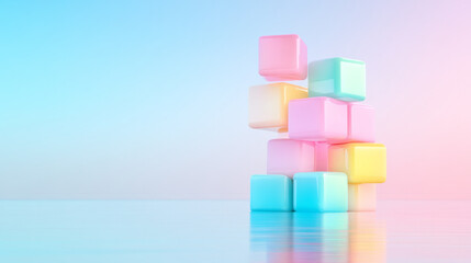 Aufkleber - Entangled cubes in contrasting pastel pink and aqua, partially stacked in midair with soft