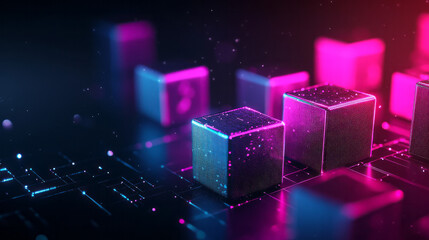 Poster - Futuristic blocky cluster illuminated by vibrant magenta and turquoise highlights, creating a stark