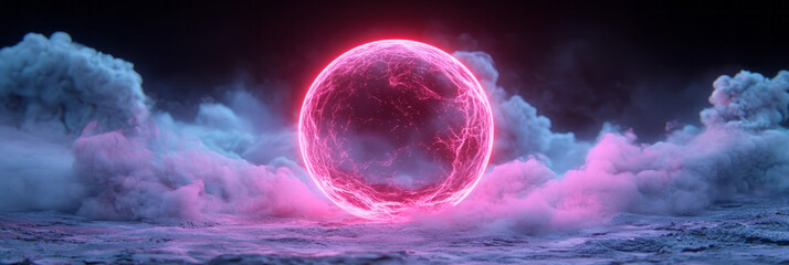 Poster - Mesmerizing glowing sphere formed by entwined green vines and red vapor, backlit by a soft ambient