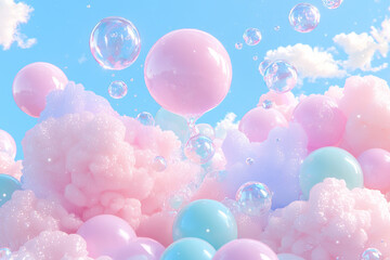 Poster - Fantasy-inspired bubble cluster merging cotton-candy pink and shimmering azure tones with delicate
