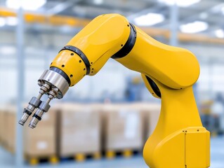 Poster - automated industrial robot arm in manufacturing factory warehouse
