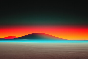 Fototapete - Dramatic horizon line of orange dune silhouettes under luminous blue trails, creating a futuristic