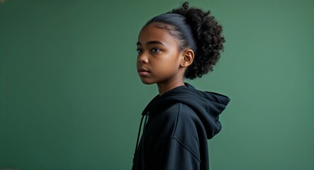 Wall Mural - Black African girl in plain green background wearing a black hoodie young teen side view portrait