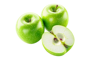 Wall Mural - Fresh green apples, one sliced in half, with a green leaf isolated on white transparent background, showcasing healthy fruits