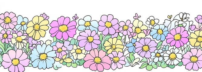 Wall Mural - A set of hand-drawn, modern botanical elements featuring simple, colorful chamomile flowers with leaves. Kid's doodle-style daisy flowers