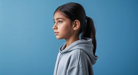 Wall Mural - Hispanic girl in plain blue background wearing a gray hoodie young teen side view portrait