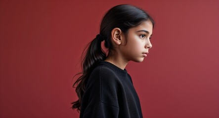 Wall Mural - Hispanic girl in plain red background wearing a white blouse young teen side view portrait