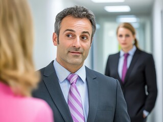 Poster - Businessman in suit and tie engaging in conversation with a woman in professional setting