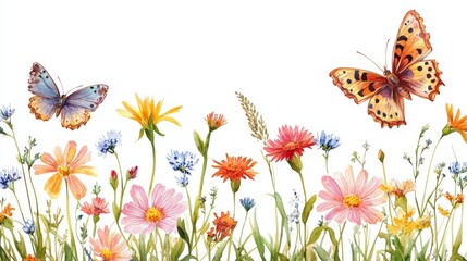 Canvas Print - A continuous design with watercolor wildflowers, leaves, plants, and flying butterflies. This horizontal, panoramic illustration is isolated and features a garden background in a vintage style