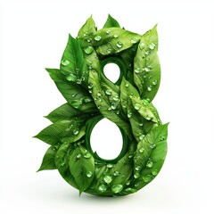 Sticker - Number 8 made of vibrant green leaves with morning dew droplets isolated on a clean white background