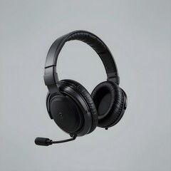 Black over-ear headphones, professional headset, (detailed design:1.2),  (padded earcups:1.1),  (flexible headband:1.1),  (microphone attached:1.2),  positioned centered in the frame,  angled slightly