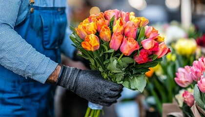 Canvas Print - Florist s Hands Carefully Assembling a Vibrant Bouquet of Fresh Tulips in a Busy Flower Shop