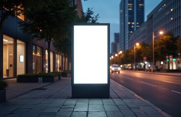 blank white vertical billboard at night. mockup of advertising banner stand on sidewalk in city stre
