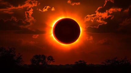 Wall Mural - solar eclipse phases with glowing neon orange rings against dark sky. moon passing across sun create