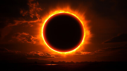 Wall Mural - solar eclipse phases with glowing neon orange rings against dark sky. moon passing across sun create
