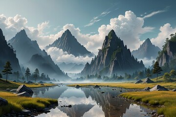 Wall Mural - mountains and a river with a few rocks in the foreground