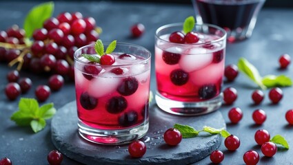 Wall Mural - Refreshing Berry Cocktail With Ice And Currants Garnished With Mint Leaves On Slate Serving Board. Perfect For Summer Celebrations And Mixology Ideas