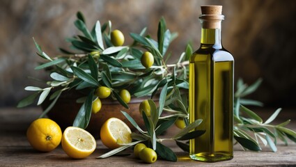 Olive oil bottle surrounded by fresh lemons and olive branches on rustic wooden table showcasing natural ingredients and culinary art.