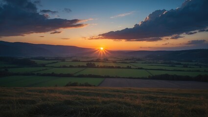 Poster - Sunset Over Valley Fields With Dark Clouds Scenic Landscape View In Evening Light