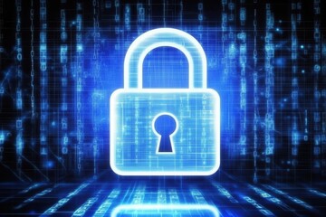 digital security lock icon against a blue background of codes