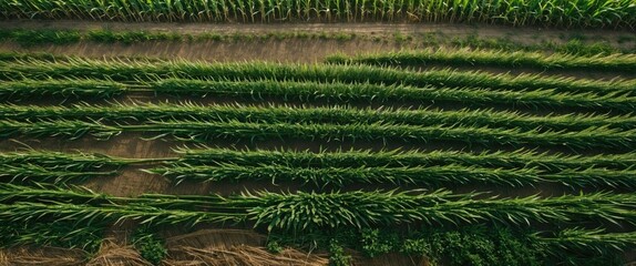 Wall Mural - Aerial Perspective of Lush Corn Field with Neatly Arranged Green Rows and Soil Pathways on a Sunny Day