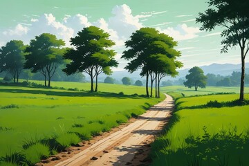 Wall Mural - there is a painting of a dirt road in a green field