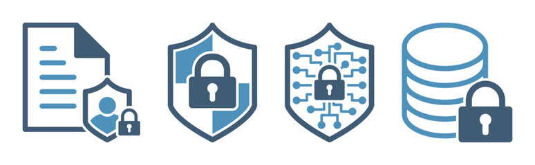Set vector icons of document, cyber and database security signs. Cyber ​​or digital security and protection symbol in blue for apps, mobile and websites. Vector illustration