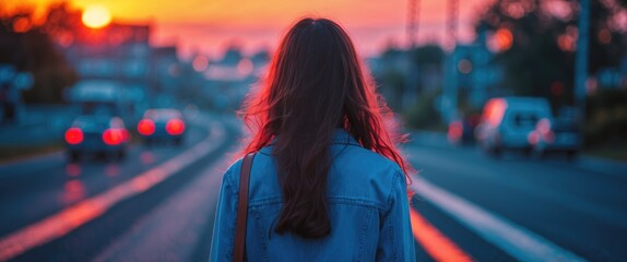 Canvas Print - Girl gazing at a vibrant sunset while standing on an asphalt road, capturing a serene moment of reflection and beauty.