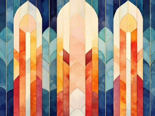 Art deco stained glass design with vibrant geometric patterns in warm and cool tones