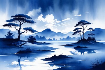 Wall Mural - there is a painting of a blue landscape with trees and water