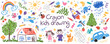 © Foxelle - Cute crayon kid illustration. Hand drawn doodle children drawings. Cute kids background for your design, diploma, certificate. Vector cartoon elements on paper bg