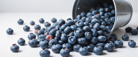 Wall Mural - Blueberries Overflowing From A Bucket On White Background Fresh Healthy Fruit With Space For Text Copy