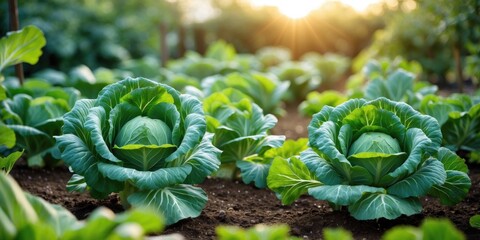 Wall Mural - Fresh Cabbage Cultivation in Garden with Lush Green Leaves and Soft Sunset Light Ideal for Farm and Organic Farming Themes