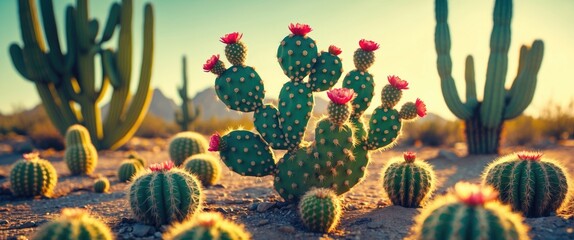 Wall Mural - Vibrant Desert Landscape with Flowering Cacti Under Sunlight in Natural Setting