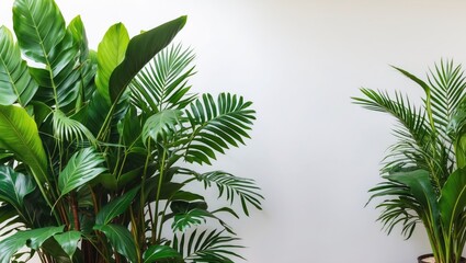 Poster - Tropical green leaves of indoor plants creating a serene nature backdrop with white space for text, ideal for floral arrangement designs.