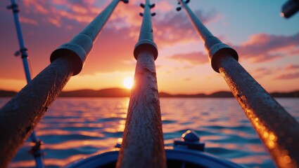 Wall Mural - Silhouette of fishing poles against a vibrant sunset over calm waters with empty space for text and peaceful atmosphere.